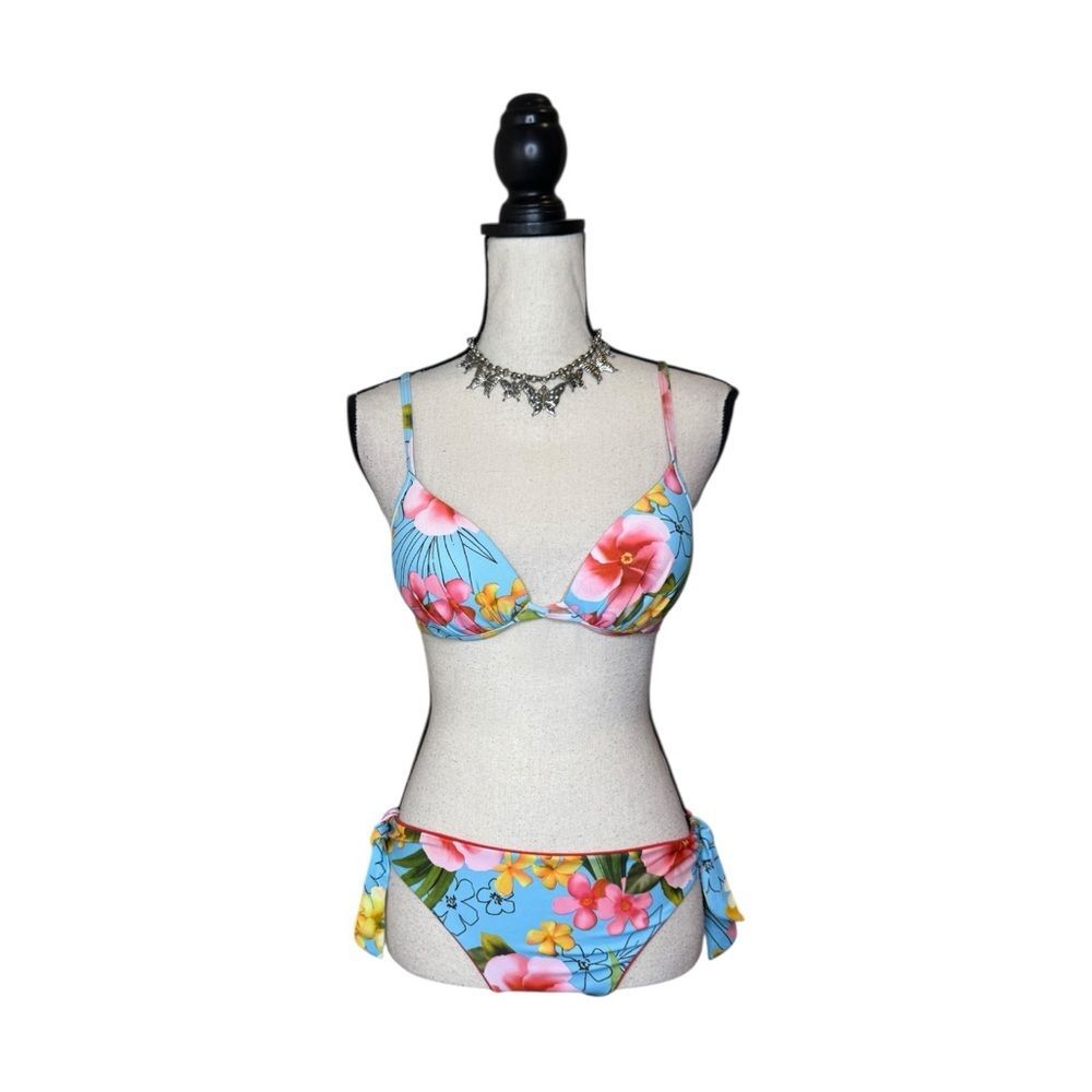 Vintage Athena Blue + Pink Floral Bikini Swimsuit Set Size Small